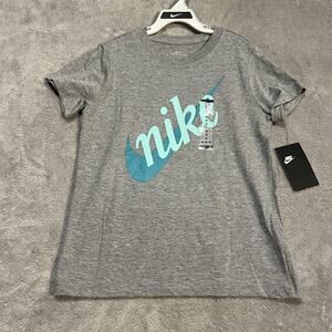 Nike Shirt Youth Medium 10/12 Gray Blue Swoosh Logo Tee Athletic Casual